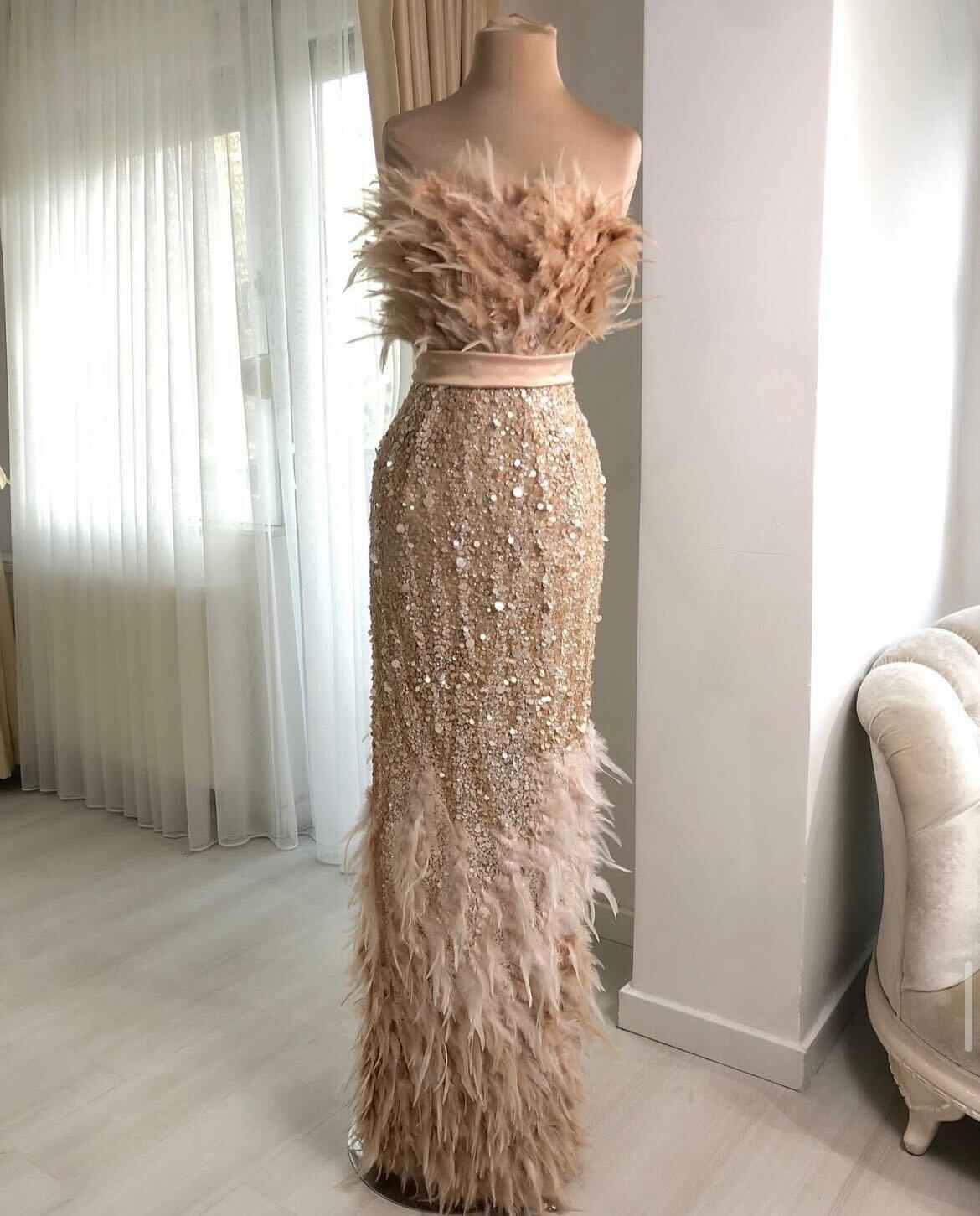 Strapless Sequin Feather Gown