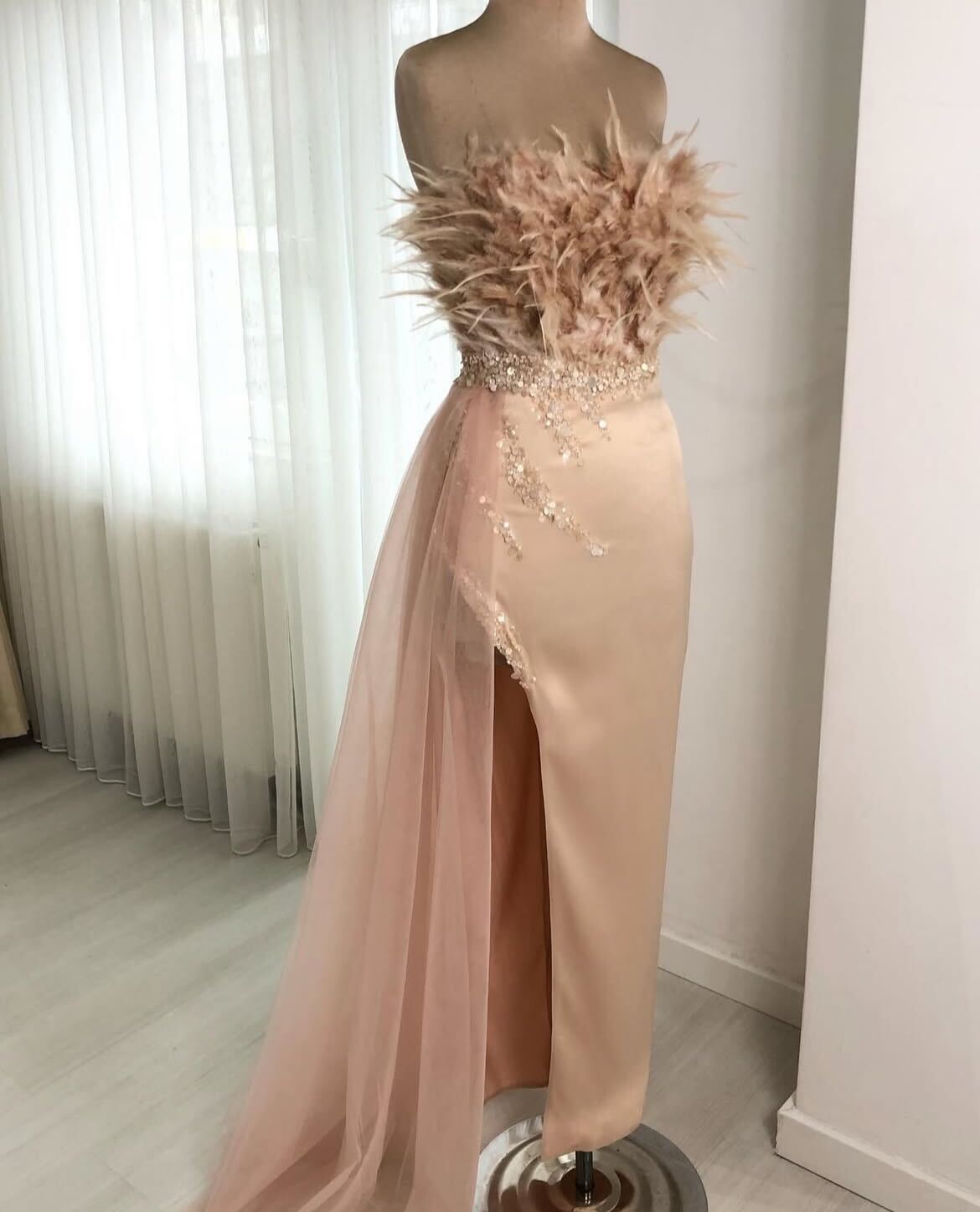 Blush Feathered Evening Dress