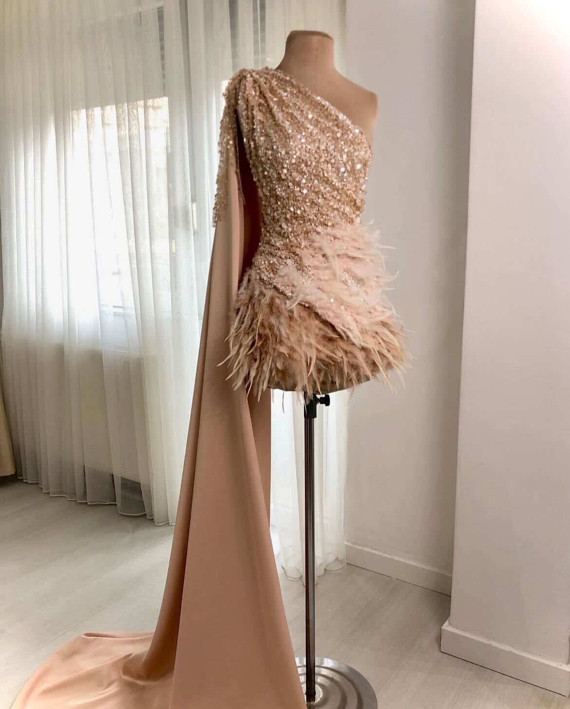 One-Shoulder Sequin Feather Dress