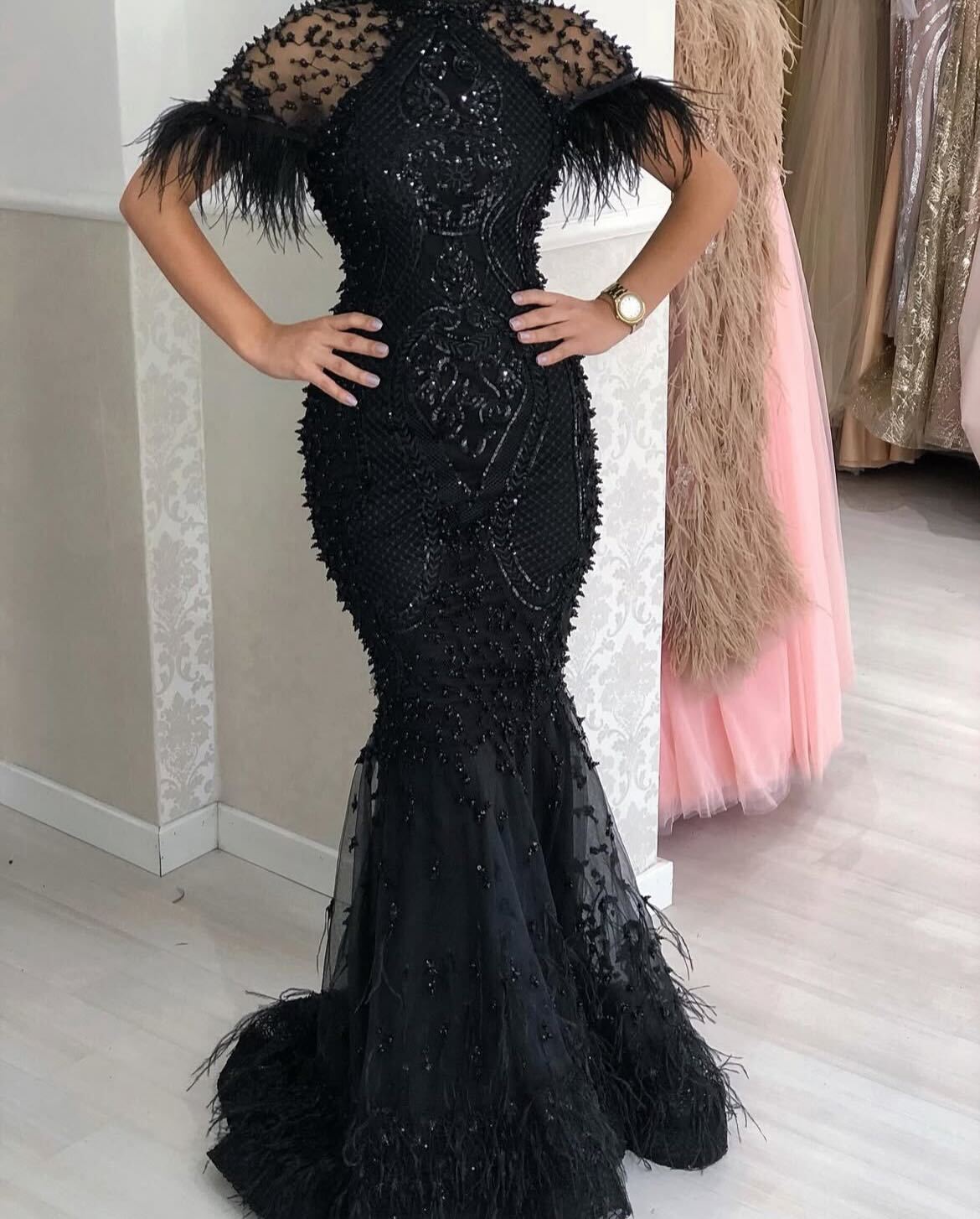 Black Feathered Evening Gown