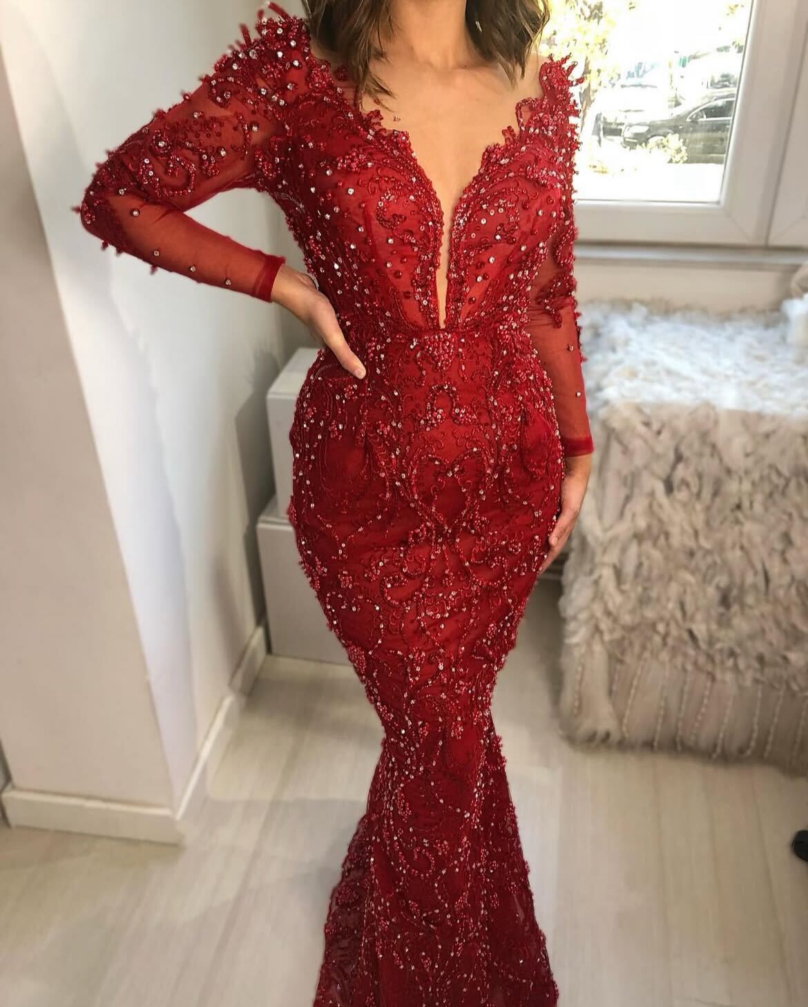 Red Beaded Mermaid Gown