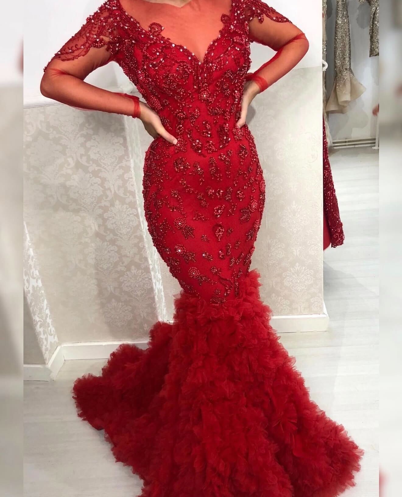 Red Feather Mermaid Dress