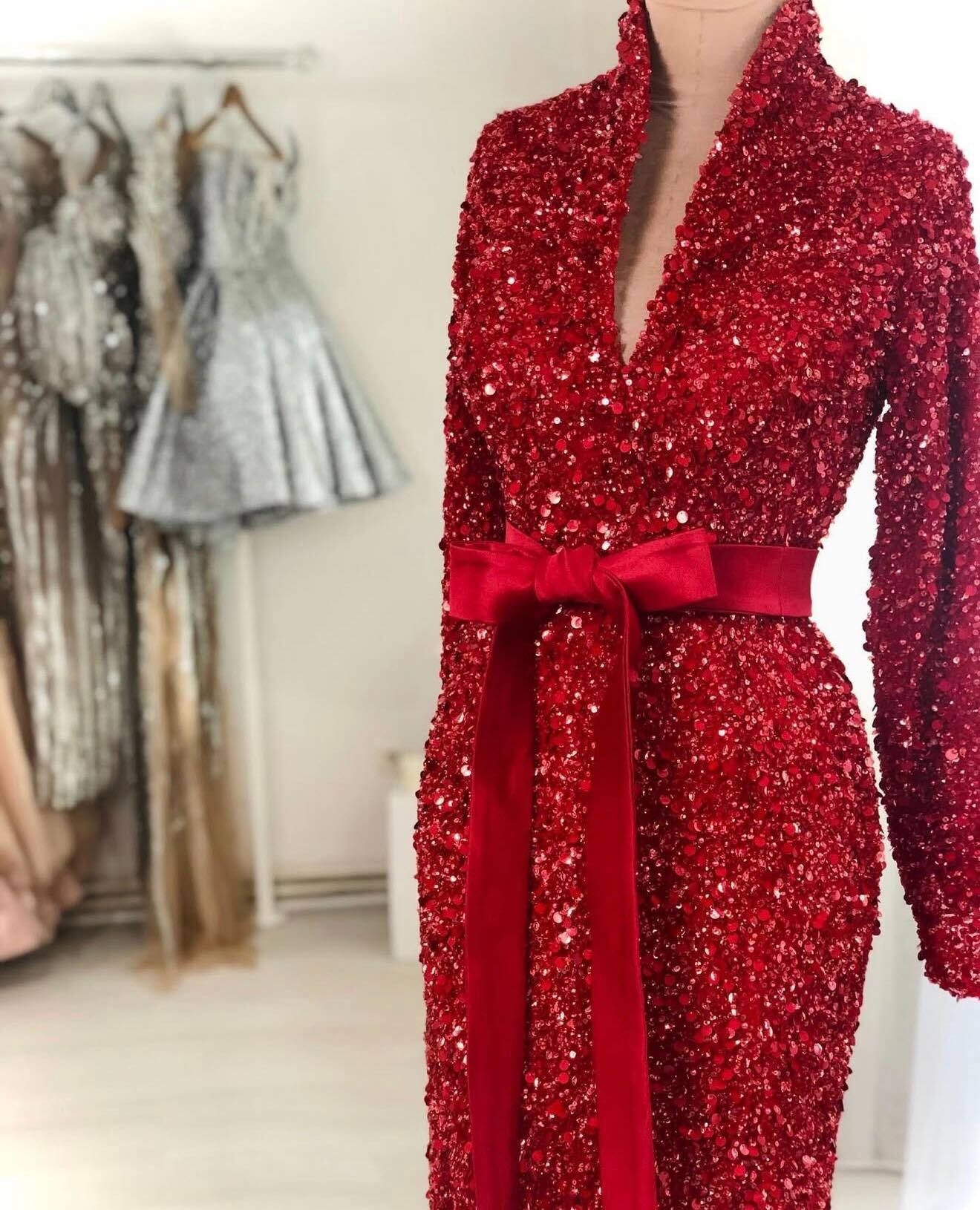 Red Sequin Belt Dress